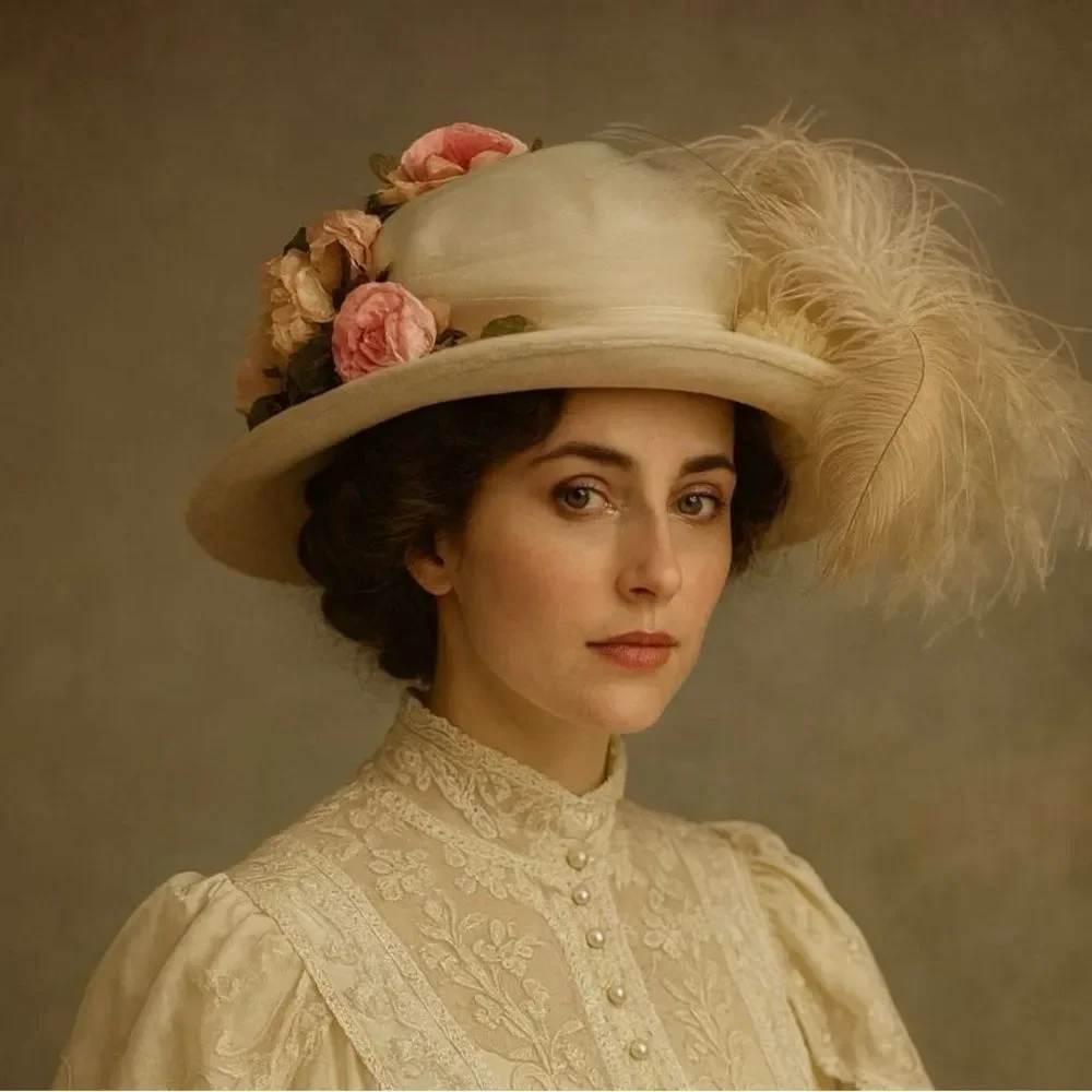 VINTAGE and elegant Cream Floral wool Hat with Veil